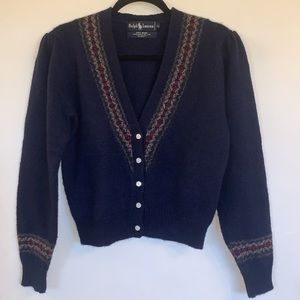 Ralph Lauren Vintage Navy Blue Hand Knit Wool Fair Isle Trimmed Cardigan Sweater